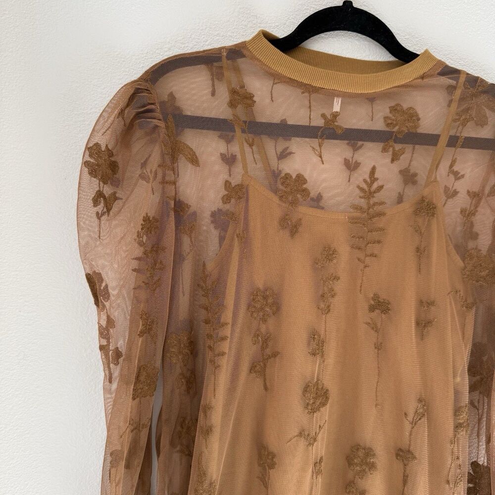 Free People Celina Brown Sheer Lace Mini Dress Womens XS Long sleeve Embroidered - Picture 8 of 13